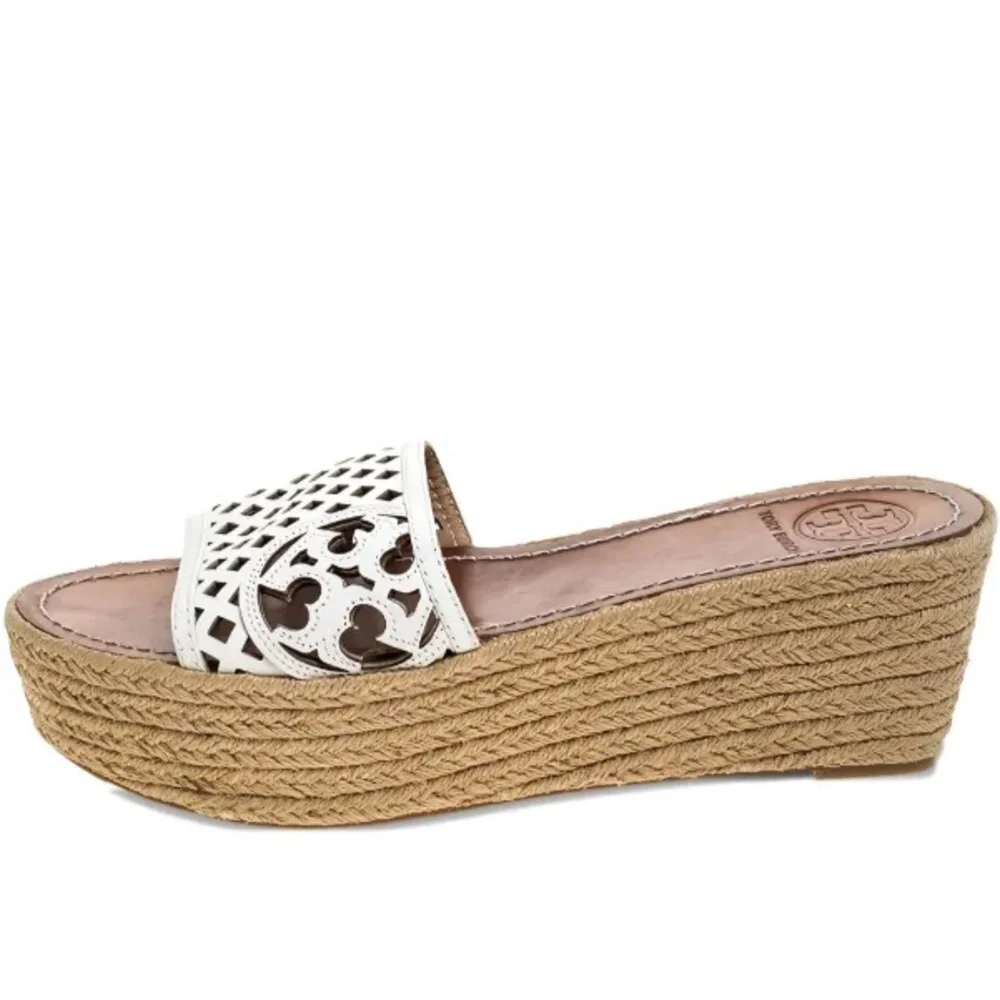 Tory Burch Sz 9 White Leather Logo Espadrille Wedge Platform Sandals Slide